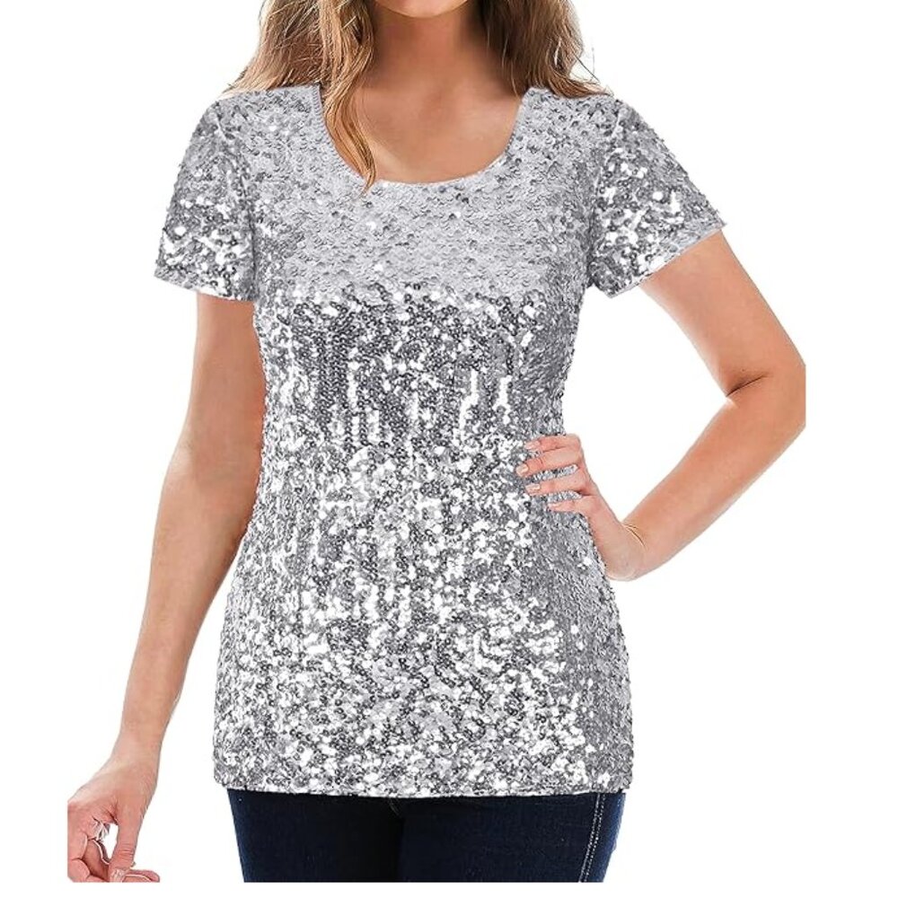 NEW (w/o Tags) Women's Silver Sequin Short Sleeve Scoop Neck Blouse Top, Size M